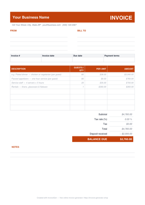 Preview of the free catering invoice template