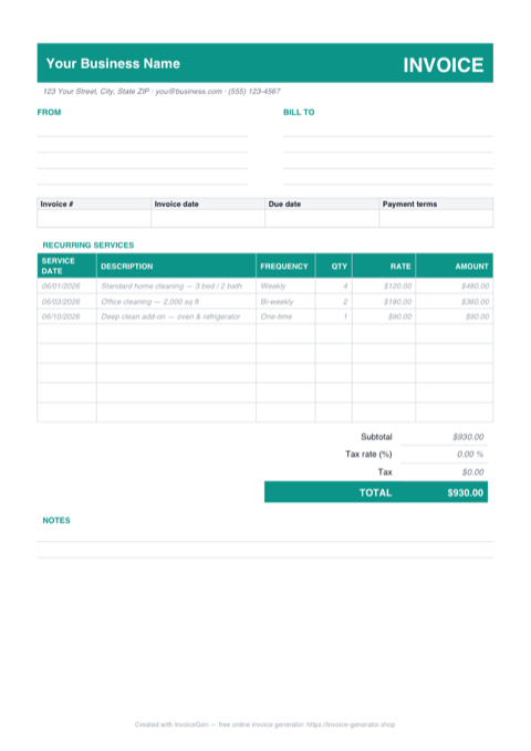 Preview of the free cleaning service invoice template