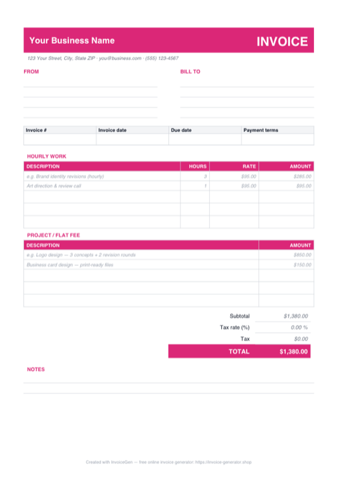 Preview of the free graphic design invoice template