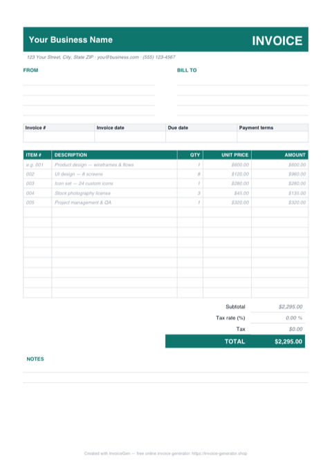 Preview of the free itemized invoice template