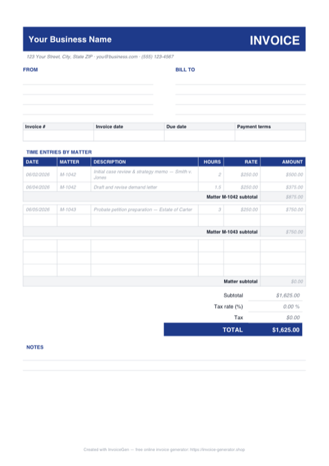 Preview of the free legal invoice template