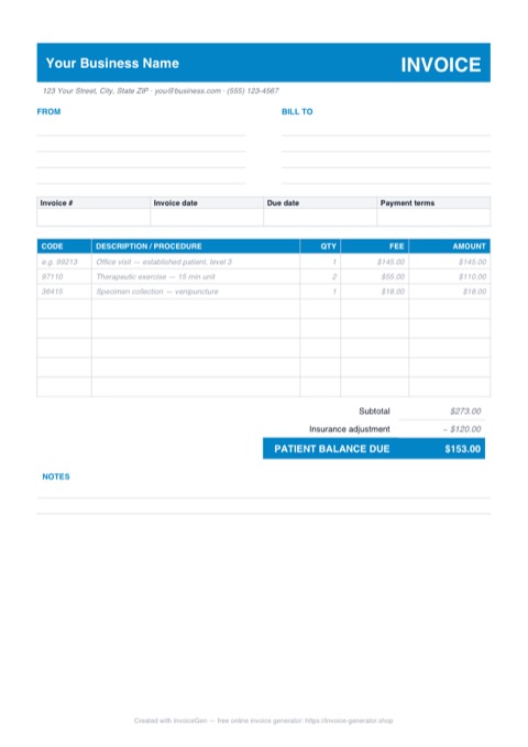 Preview of the free medical invoice template