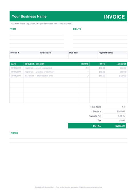 Preview of the free tutoring invoice template