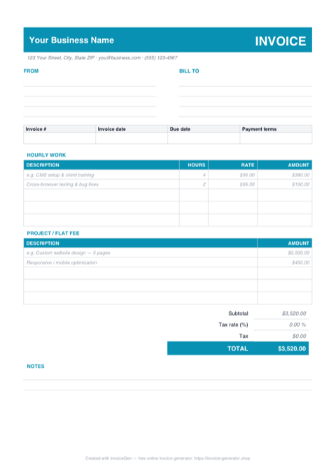 Preview of the free web design invoice template